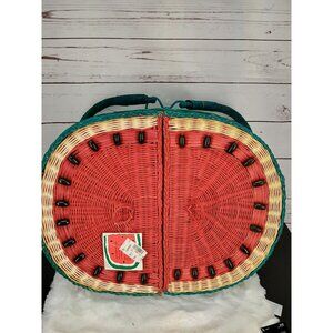 Vintage Watermelon-Themed Picnic Basket Set With Plates Cups & Cutlery Wicker De